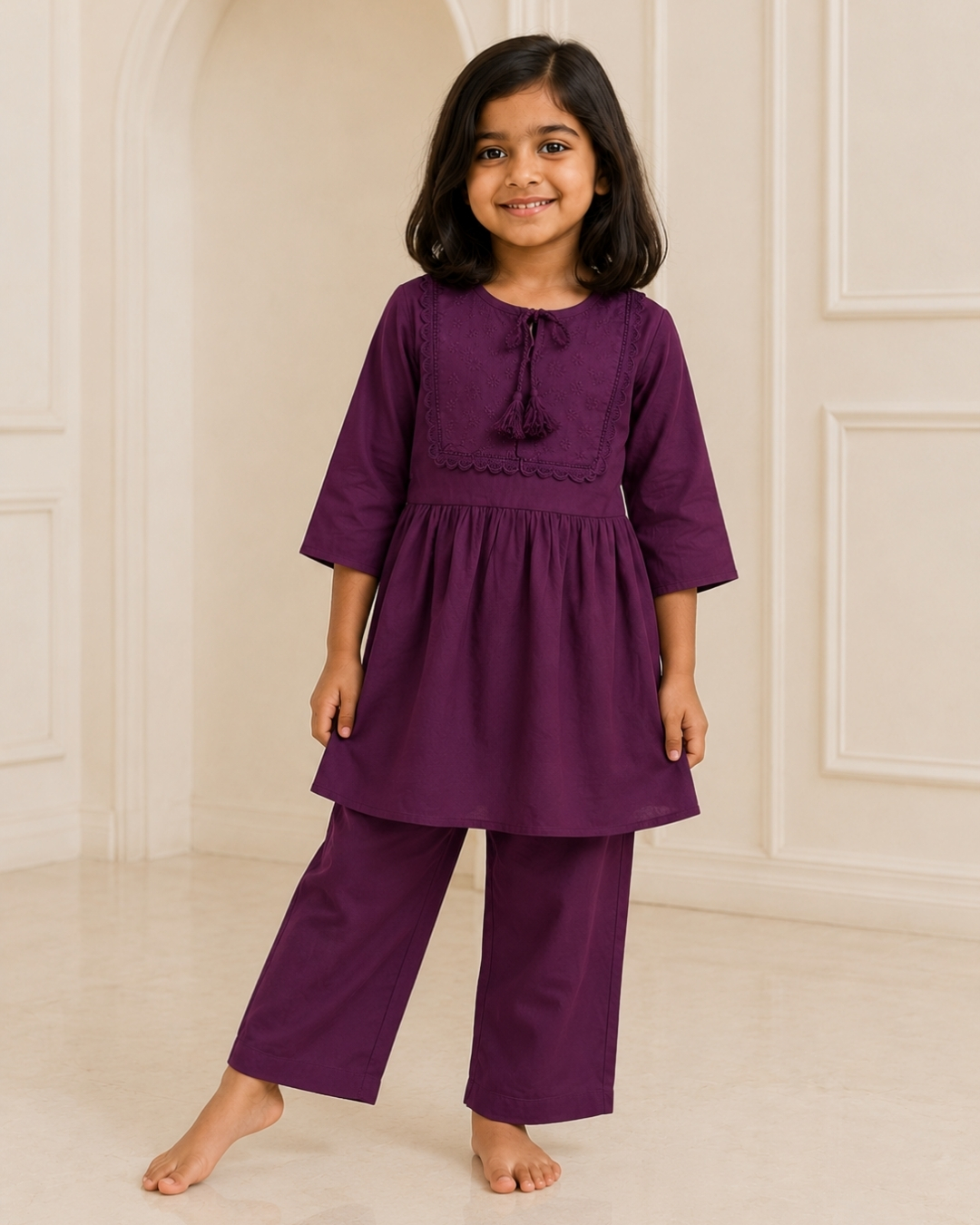 Girls’ Embroidered Linen Kurti Set - 05
