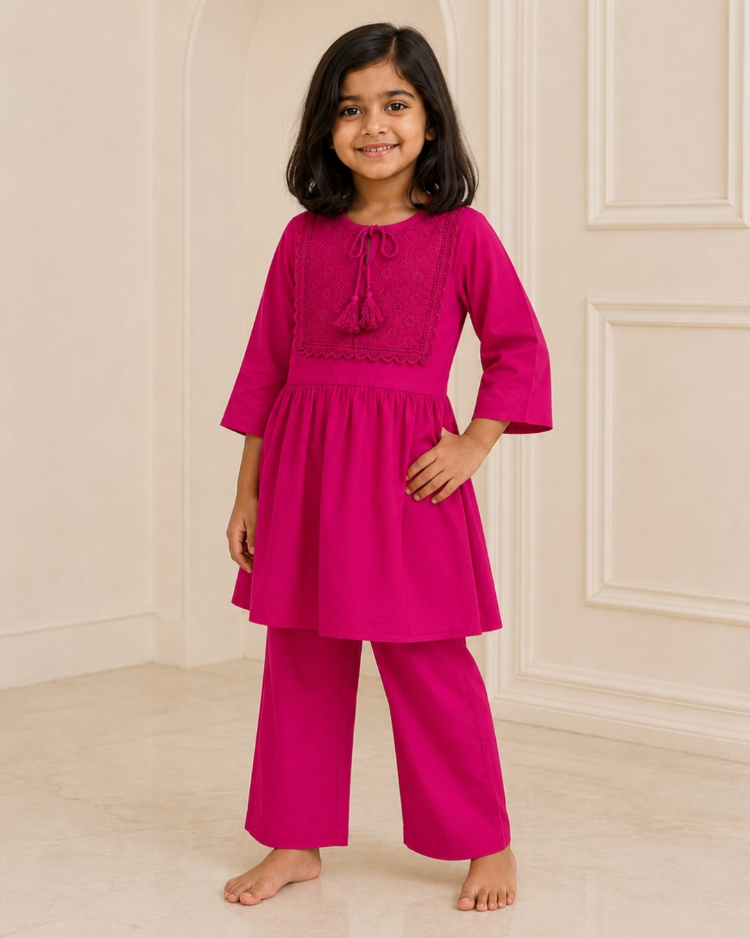 Girls’ Embroidered Linen Kurti Set – 04