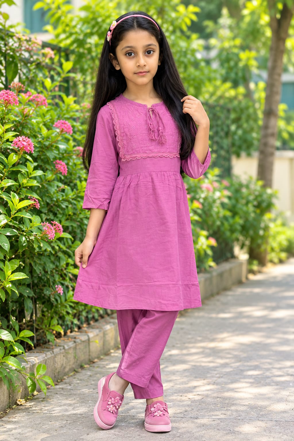 Girls’ Embroidered Linen Kurti Set - 03