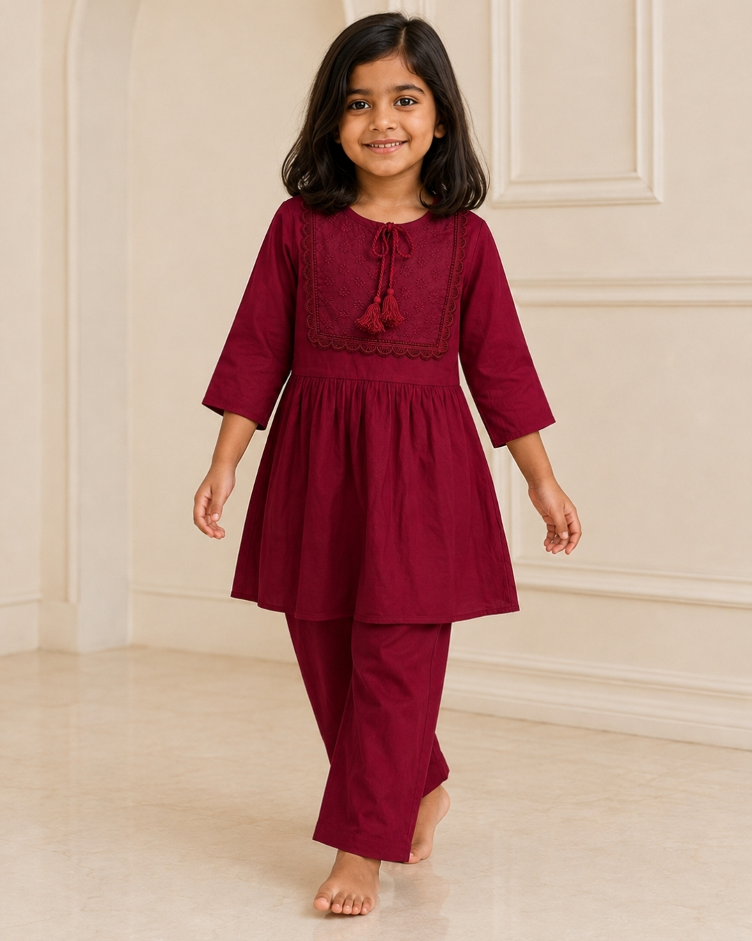 Girls’ Embroidered Linen Kurti Set - 02