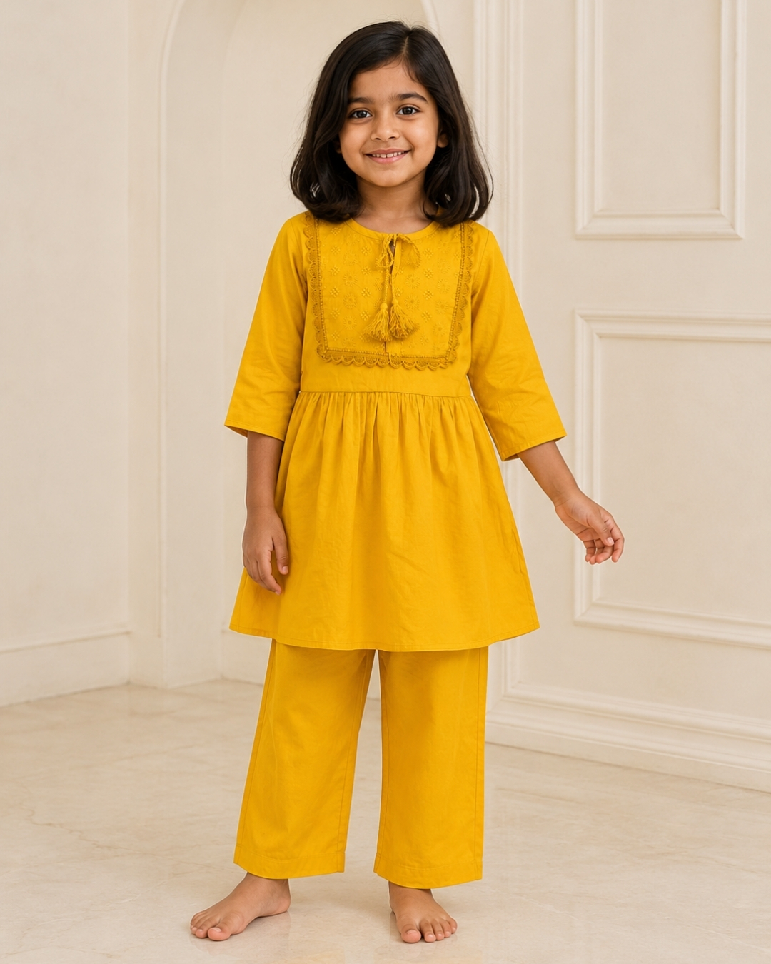 Girls’ Embroidered Linen Kurti Set - 01