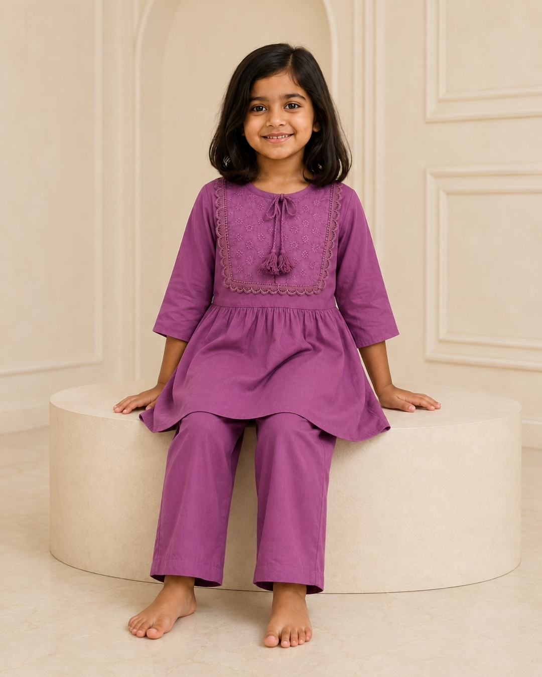Girls’ Embroidered Linen Kurti Set - 03