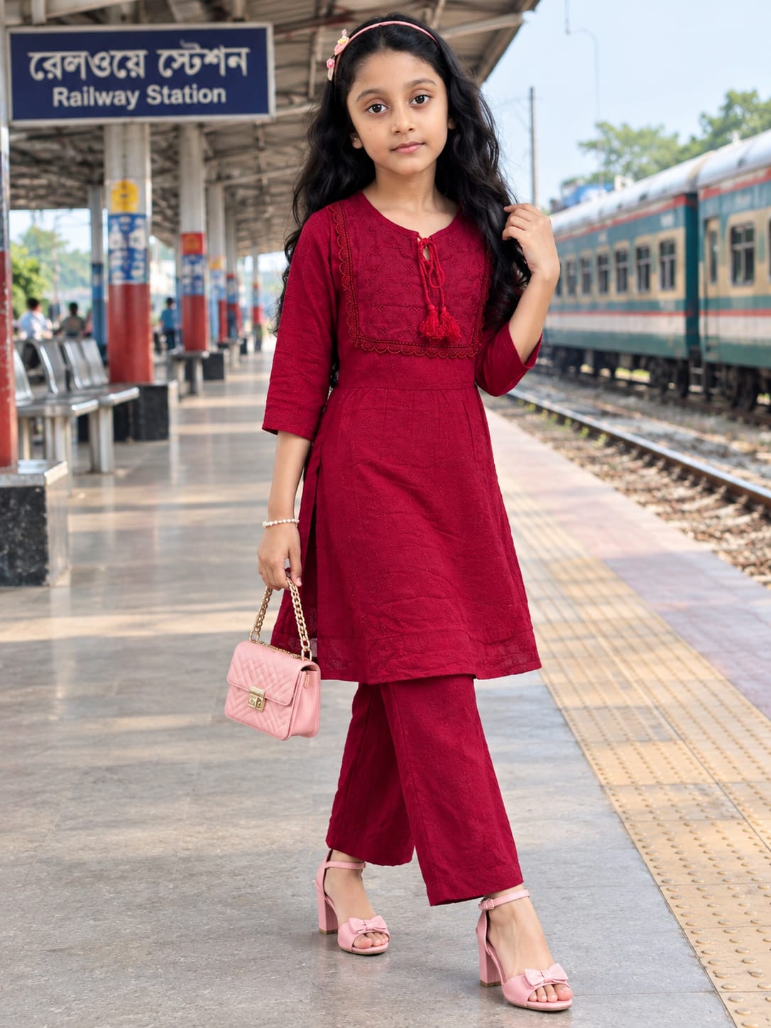 Girls’ Embroidered Linen Kurti Set - 02